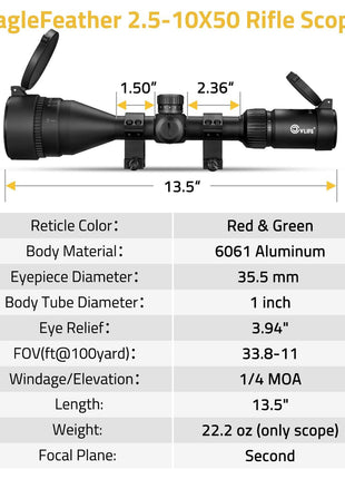 Specification of CVLIFE EagleFeather 2.5-10X50 AO Rifle Scope