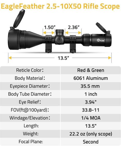 Specification of CVLIFE EagleFeather 2.5-10X50 AO Rifle Scope