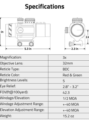 Specifications of  3x32 Prism Tactical Rifle Scope