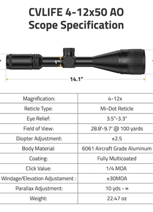 CVLIFE 4-12x50 AO Scope Specification