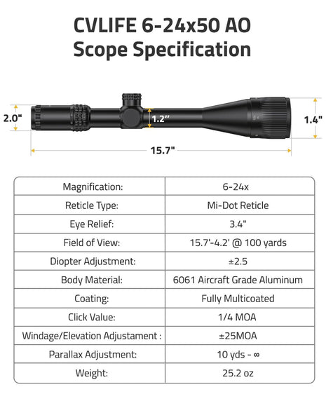 CVLIFE 6-24x50 AO Scope Specification