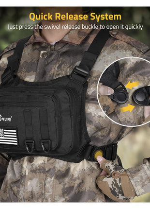 Durable tactical chest bag with pistol holster