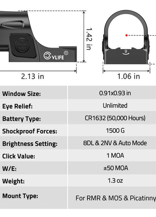 Specifications of CVLIFE WolfCovert Auto-Brightness Multi Reticle Red Dot Sight