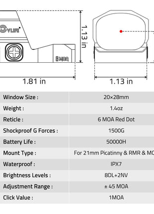 Specifications of CVLIFE WolfCovert Motion Awake 6 MOA Pistol Red/Green Dot Sight