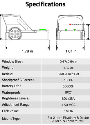 Specifications of CVLIFE WolfCovert Motion Awake 6 MOA Red Dot Sight