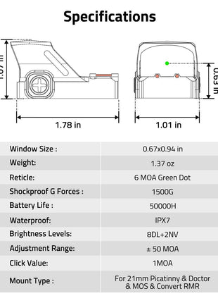 Specifications of CVLIFE WolfCovert Motion Awake 6 MOA Green Dot Sight