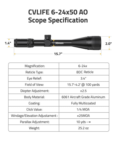 CVLIFE 6-24x50 AO Scope Specification