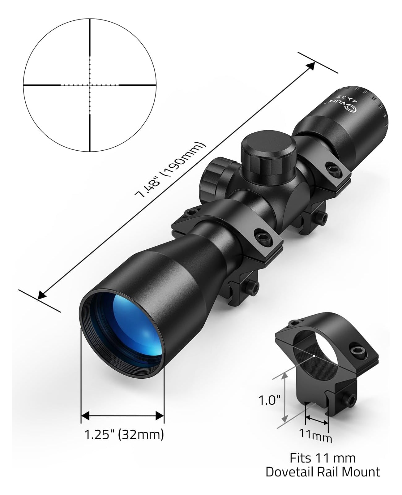 CVLIFE FoxSpook 4x32 Compact Rifle Scope Crosshair Optics Hunting Scop